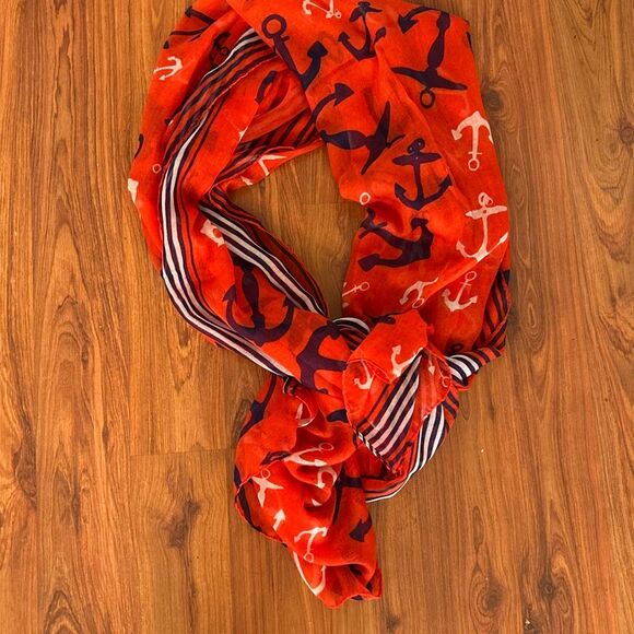 Twos company red white and blue anchor semi sheer large scarf shawl sarong/scarf - Picture 4 of 4